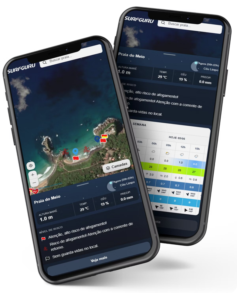 Interface mobile do Turismo Seguro exibindo mapa da praia, condições meteoceanográficas e alertas de risco